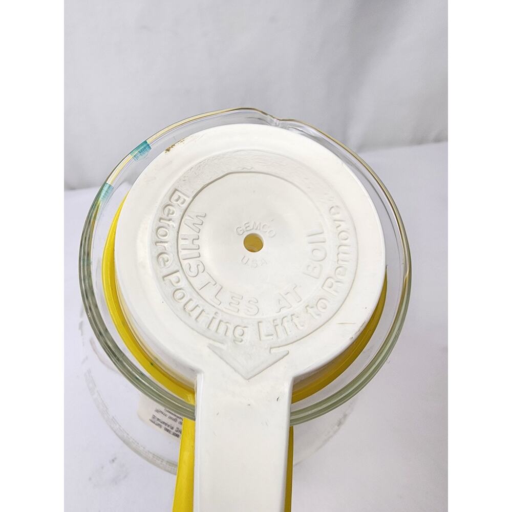 Gemco The Whistler Glass Kettle Pot 8c Yellow/White Handle w/Metal Grid NWT - Picture 3 of 8